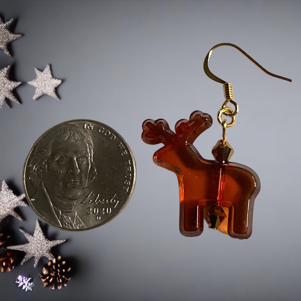 Handmade Earrings Reindeer Holiday Dangle Brown Jewelry Christmas Pierced - Picture 4 of 6